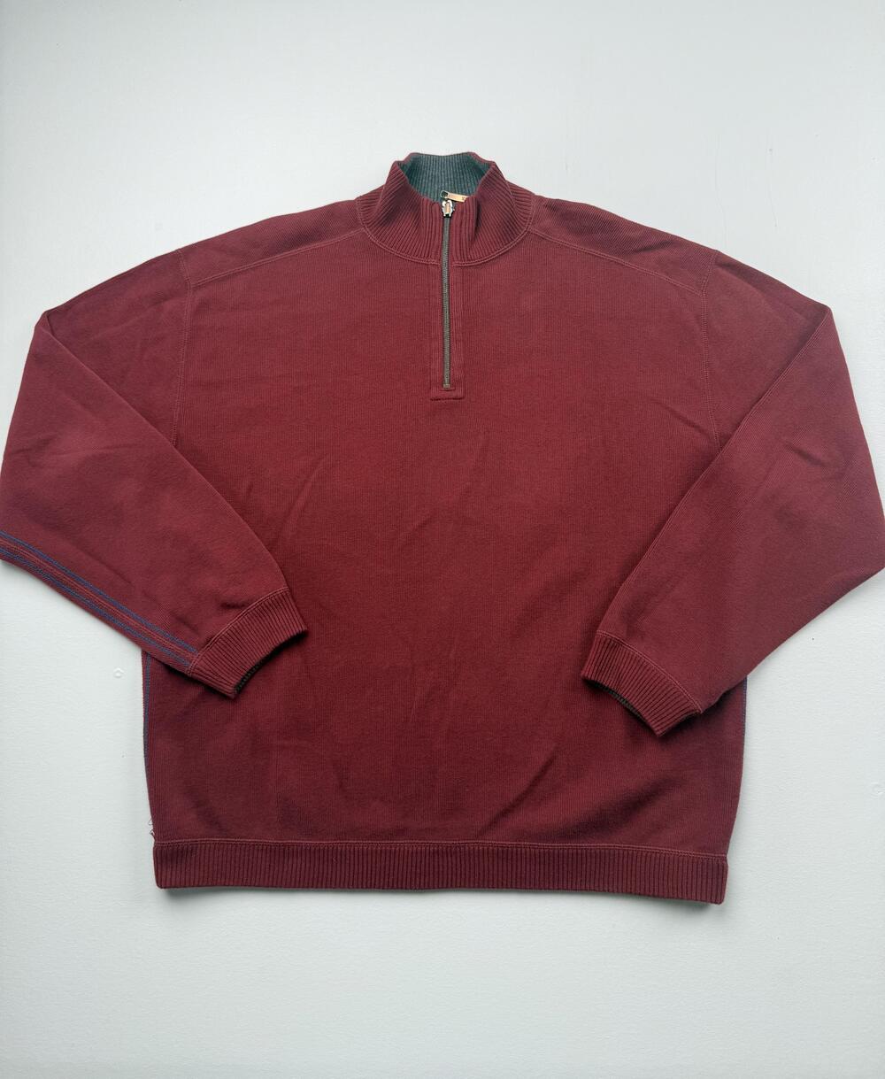 Tommy Bahama Sweater Mens Red 1/4 Zip Mock Neck Knit Pullover Long Sleeve Read